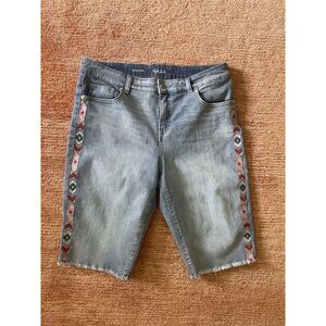 Style & Co Bermuda Jean Shorts Size 10 Blue Denim Fringe Hem Embroidered Trim